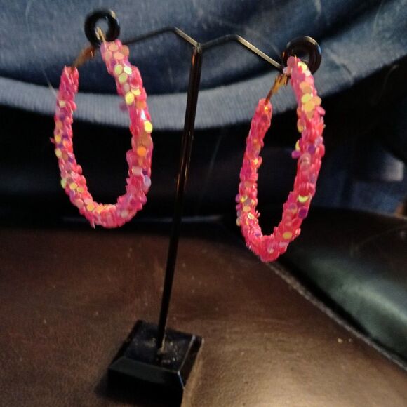 Candy Pink Sequin Hoop Earrings Hoops - Picture 6 of 9